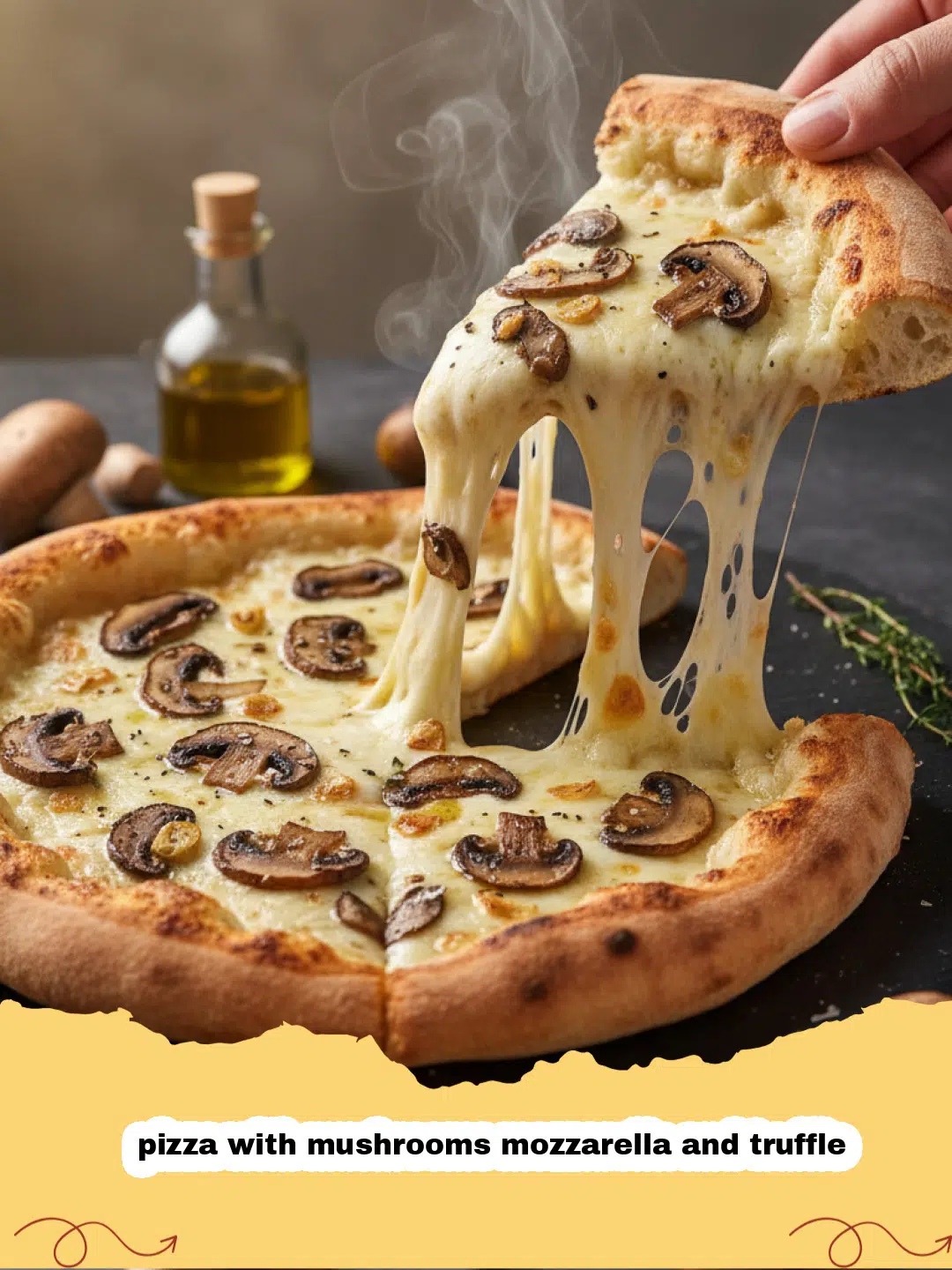 pizza with mushrooms mozzarella and truffle - Close-up of a gourmet pizza with mushrooms, mozzarella, and truffle oil, garnished with fresh herbs, on a wooden board.