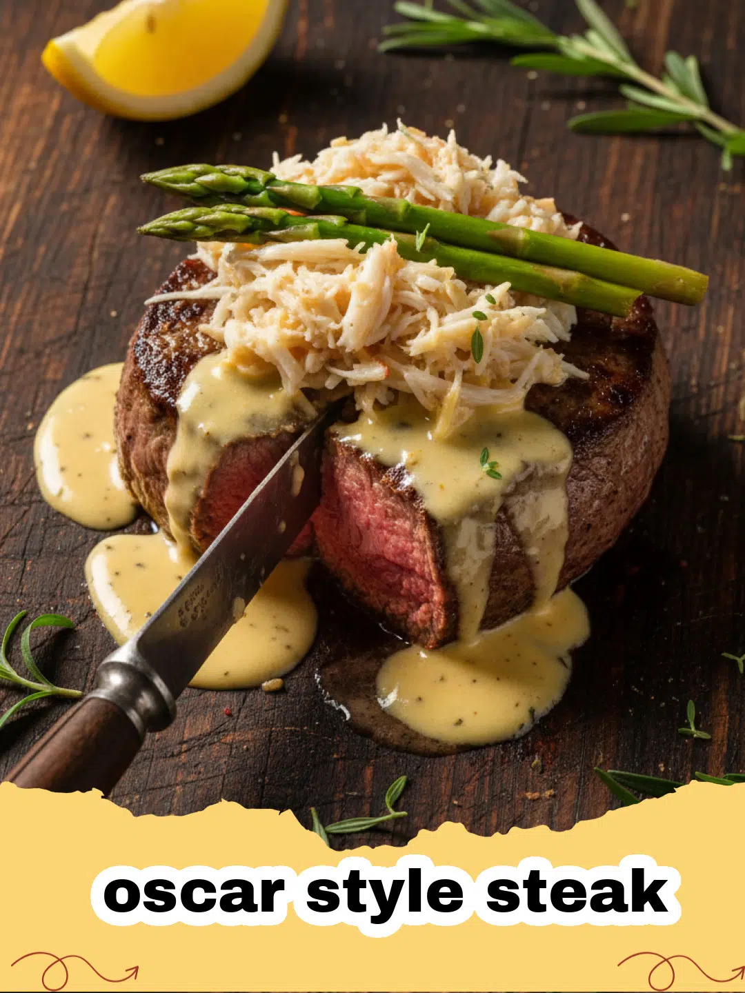 oscar style steak - Close-up of a perfectly cooked Oscar Style Steak, topped with asparagus, lump crab meat, and béarnaise sauce, garnished with fresh herbs.