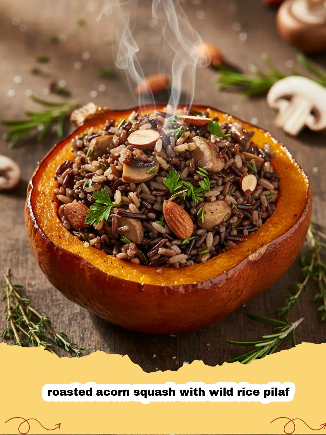 roasted acorn squash with wild rice pilaf - A close-up shot of two halves of roasted acorn squash stuffed with a colorful wild rice pilaf containing cranberries and pecans.