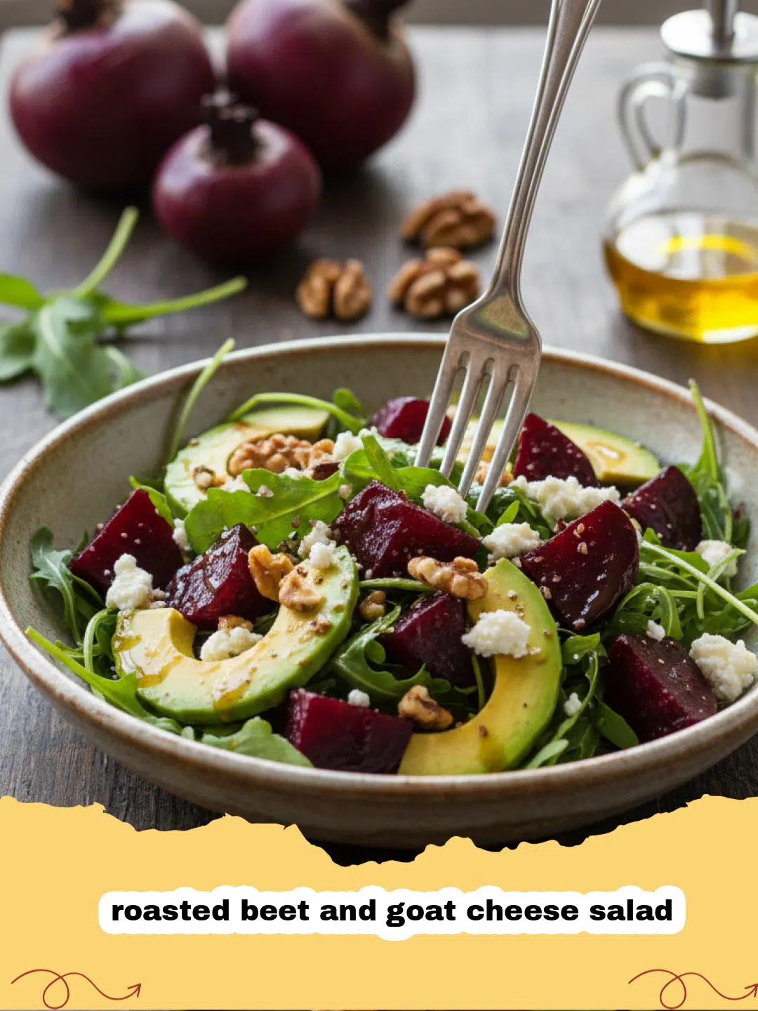 A beautiful roasted beet and goat cheese salad with walnuts and balsamic glaze on a white plate.