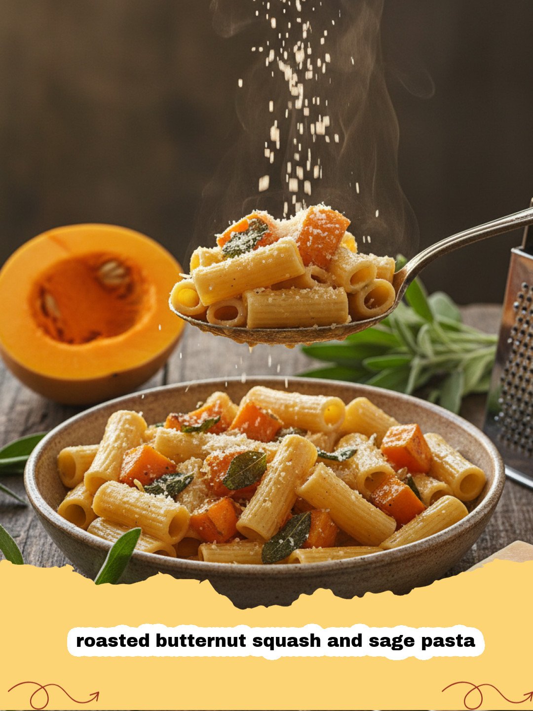 A close-up shot of creamy roasted butternut squash and sage pasta with crispy sage leaves on top.