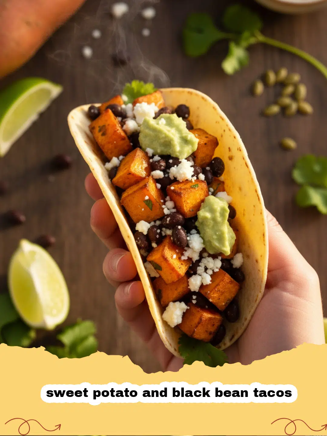 A plate of three sweet potato and black bean tacos topped with avocado and cilantro.