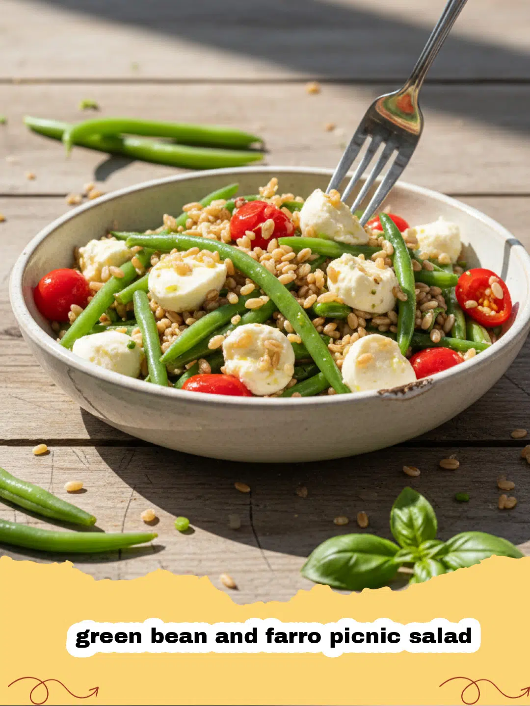 Vibrant green bean and farro picnic salad in a large serving bowl, garnished with fresh parsley and lemon wedges.