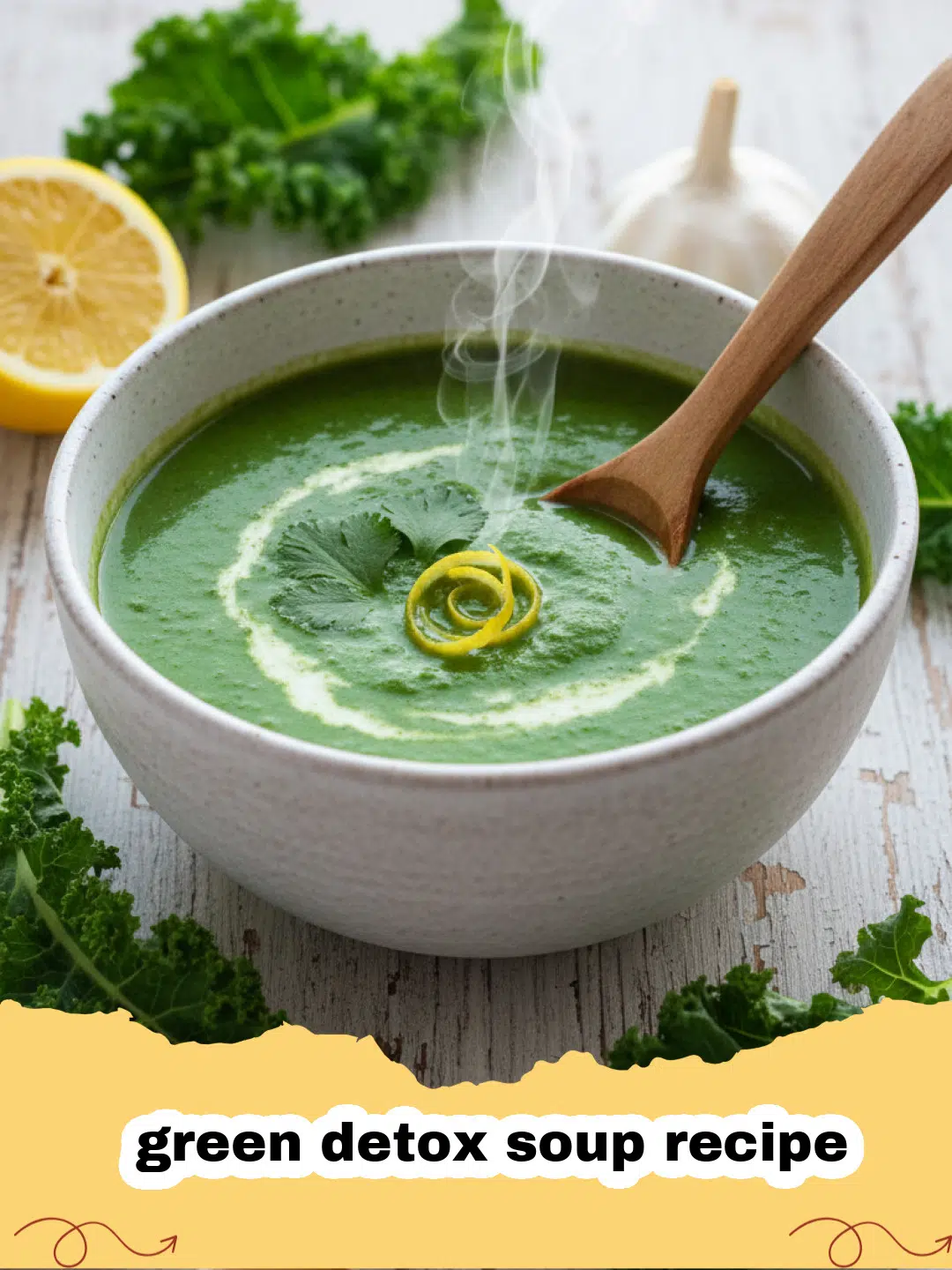 green detox soup recipe - A vibrant bowl of green detox soup garnished with fresh herbs and a slice of lemon.