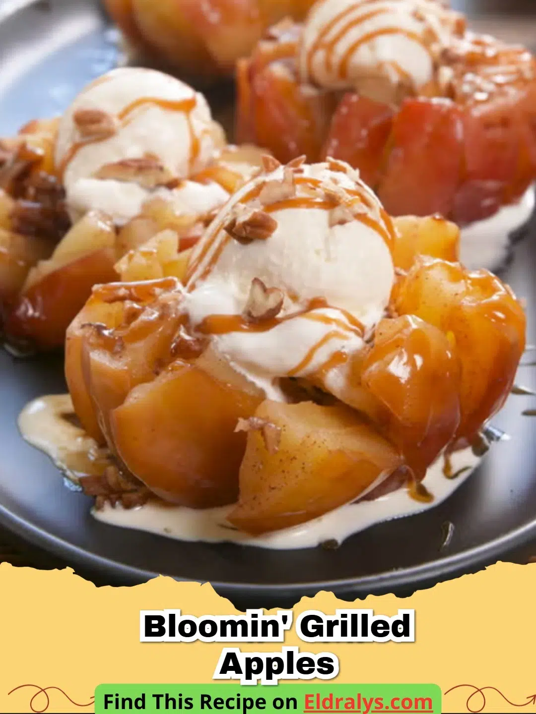 Grilled Bloomin' Apples - Close up of a Grilled Bloomin' Apple with melting ice cream and caramel drizzle