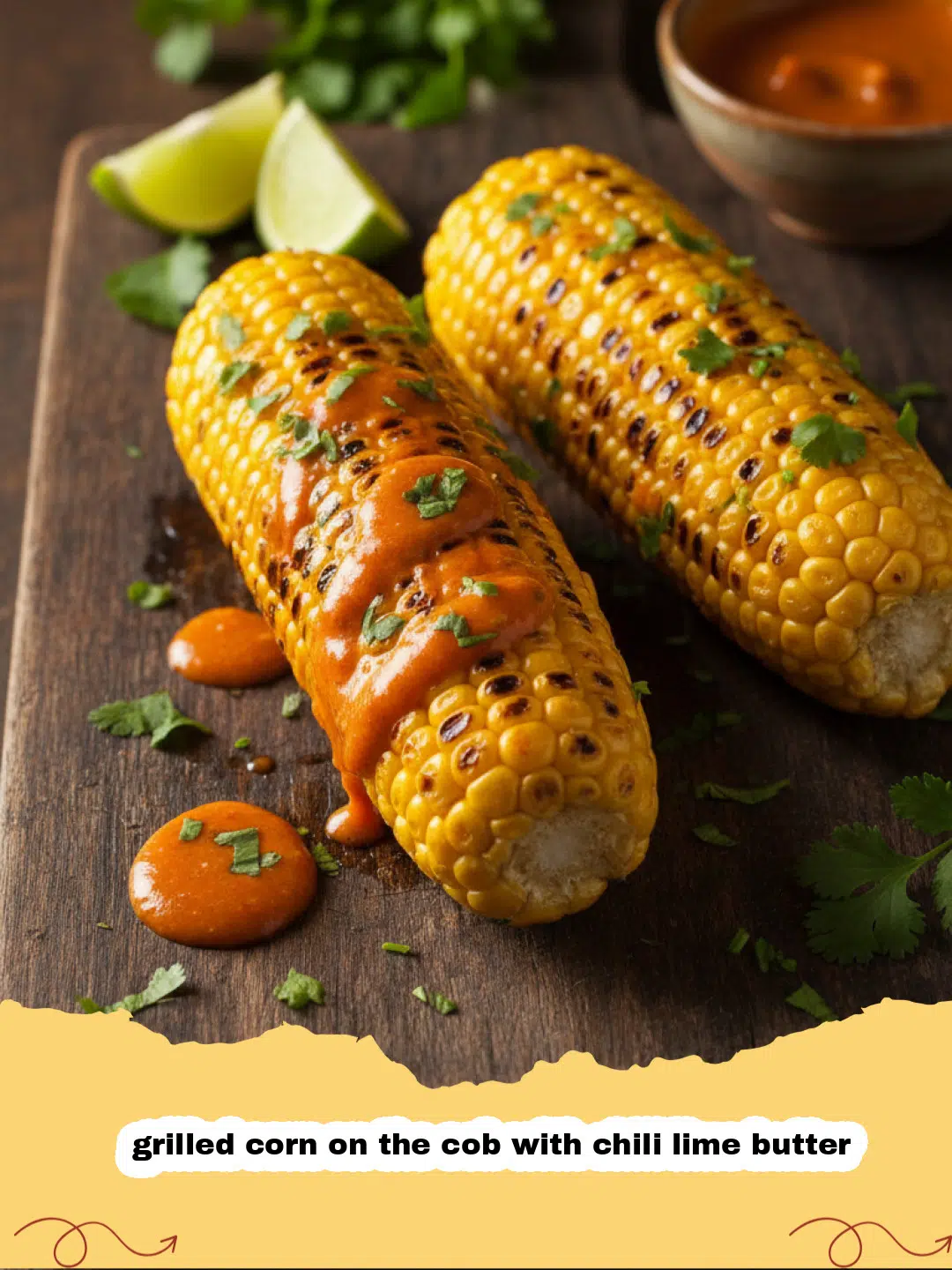 grilled corn on the cob with chili lime butter - Close-up of perfectly grilled corn on the cob, slathered with vibrant orange chili lime butter and garnished with fresh cilantro, on a wooden board.