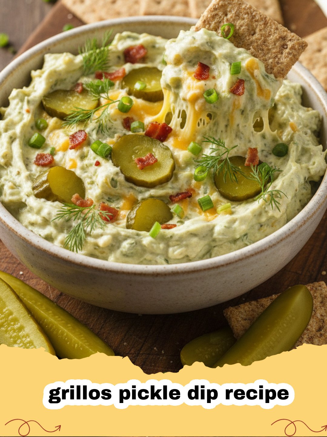 grillos pickle dip recipe - Close-up of creamy Grillo's pickle dip in a white bowl, garnished with fresh dill, surrounded by potato chips and fresh cucumber slices.