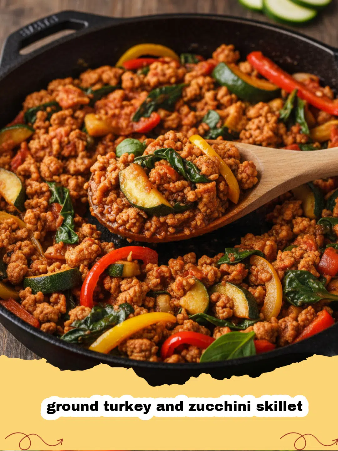 A close-up of a colorful ground turkey and zucchini skillet, garnished with fresh basil and parmesan cheese, ready to be served.