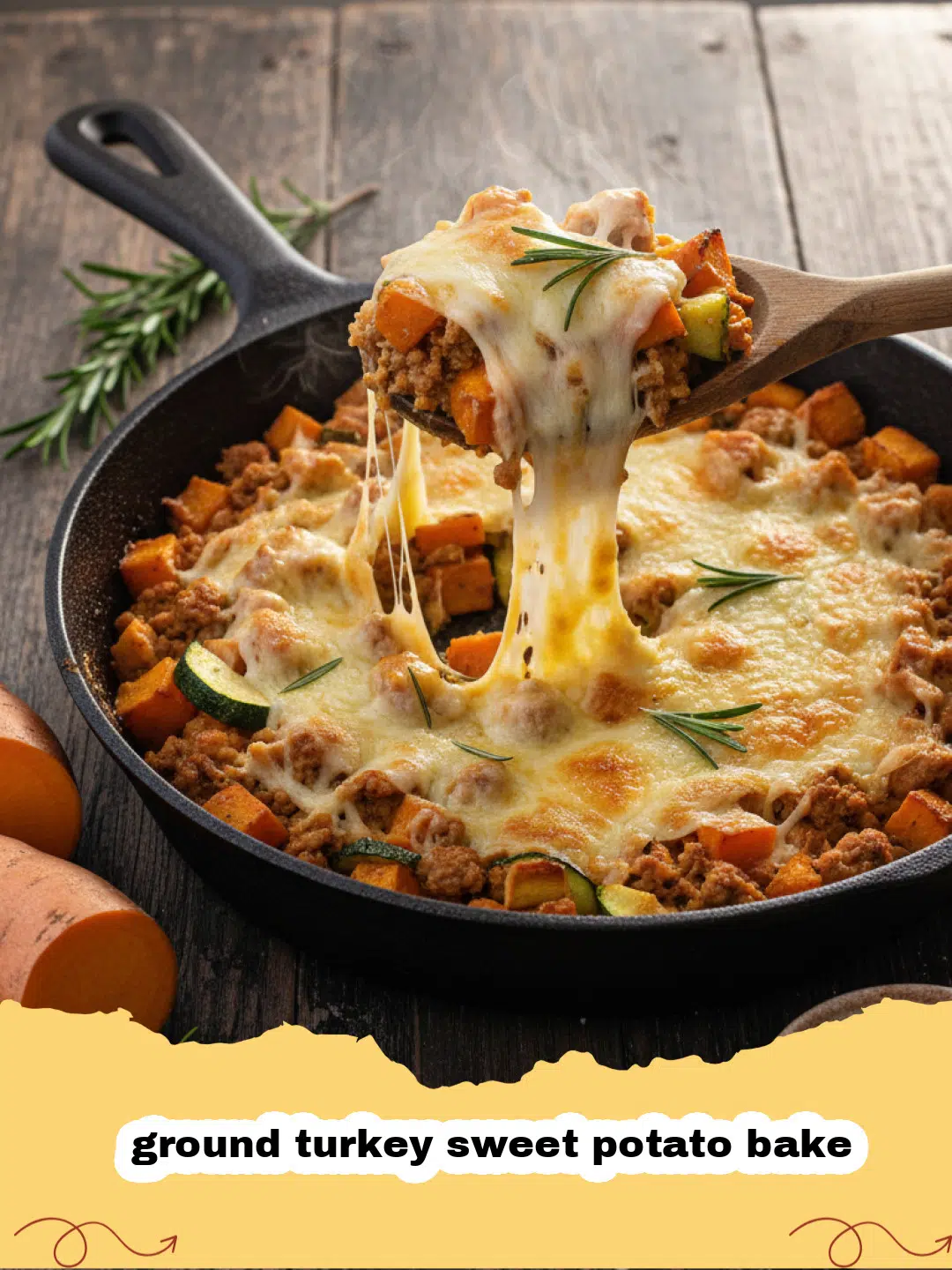 Close-up of a vibrant ground turkey sweet potato bake in a baking dish, garnished with fresh herbs.