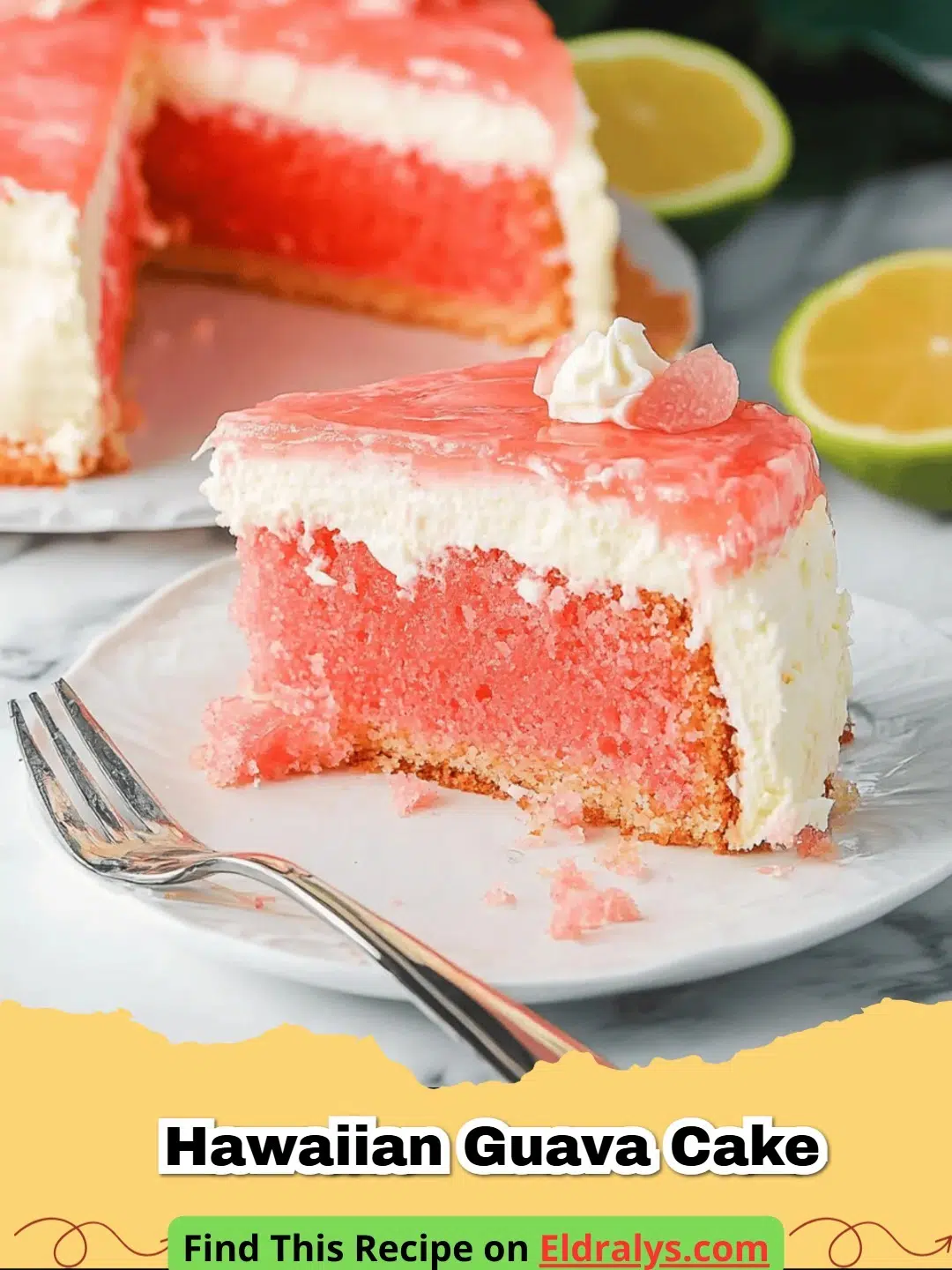 A slice of bright pink Hawaiian Guava Cake with whipped frosting