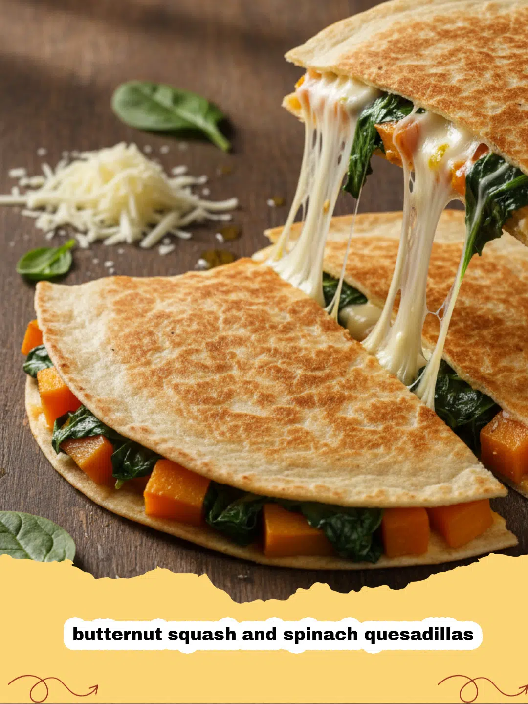 Golden brown butternut squash and spinach quesadillas sliced on a wooden board