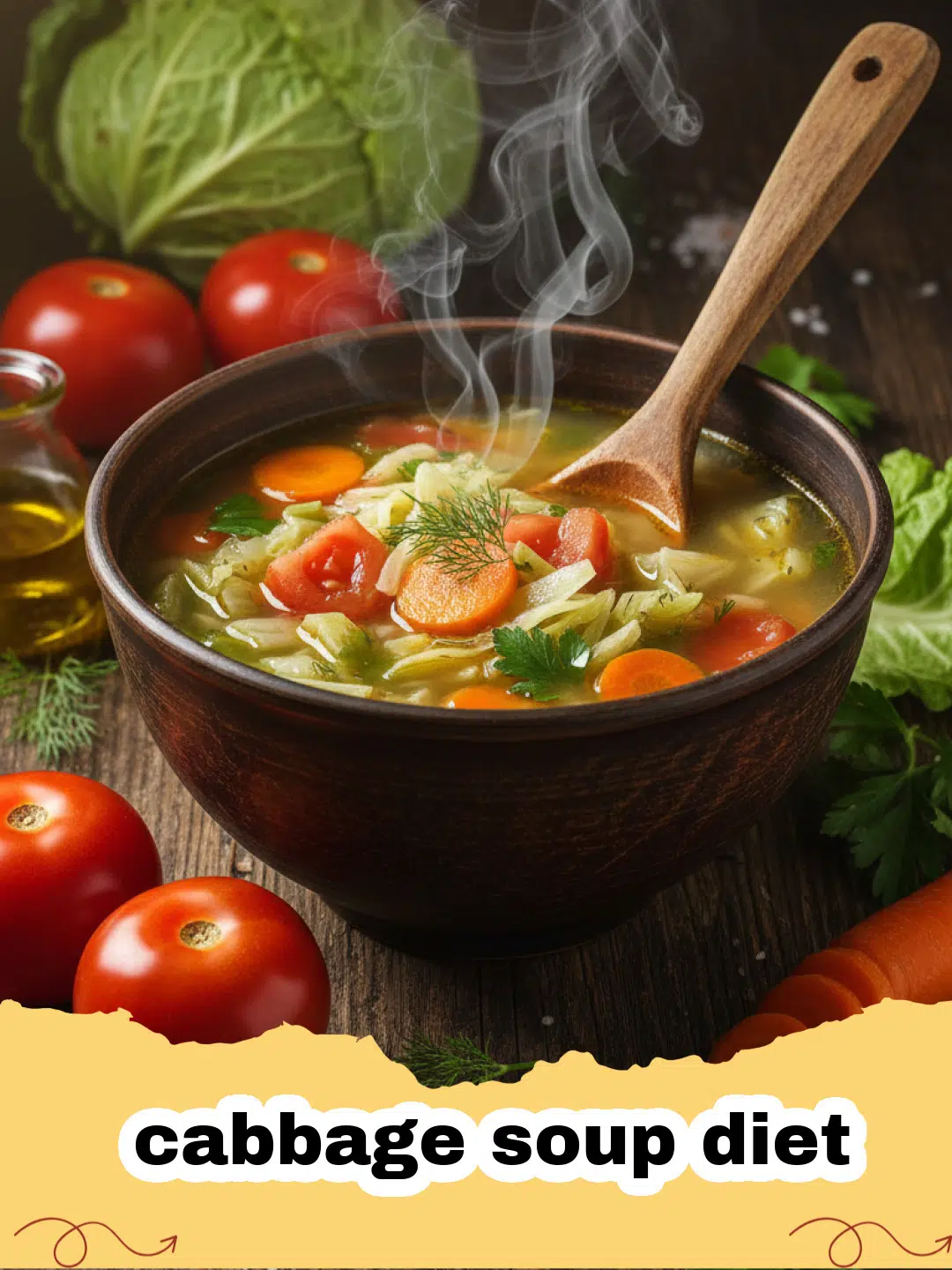 A steaming bowl of vibrant cabbage soup, garnished with fresh herbs, on a wooden table. Perfect for a healthy cabbage soup diet.