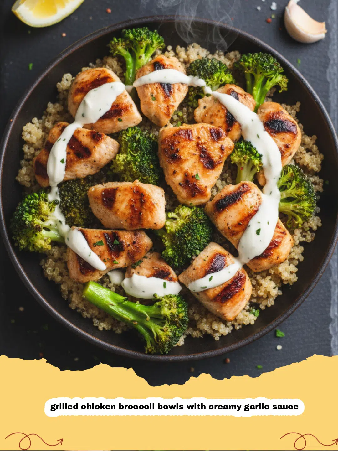 grilled chicken broccoli bowls with creamy garlic sauce - Close-up of a grilled chicken broccoli bowl with creamy garlic sauce and fresh dill