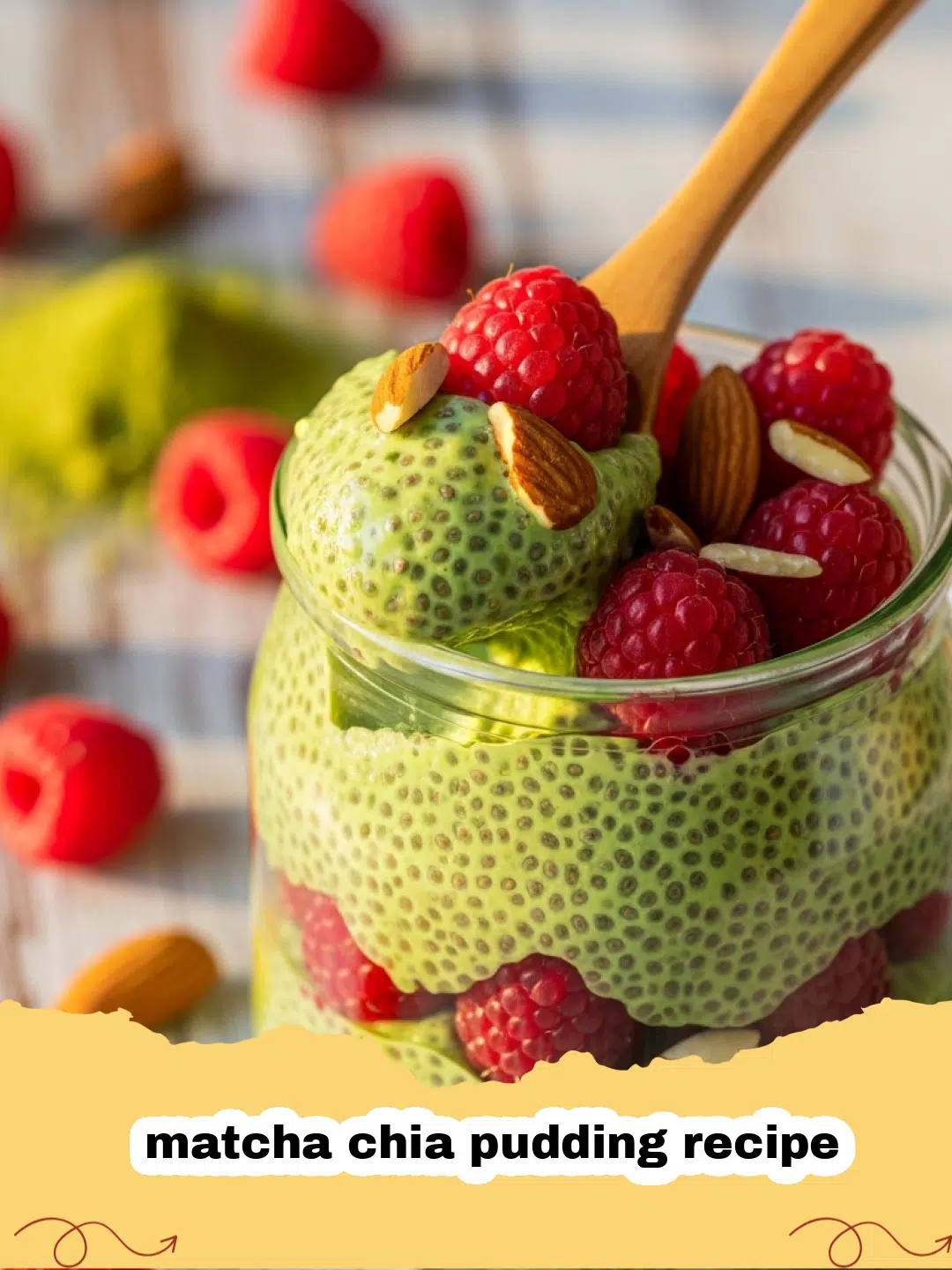 matcha chia pudding recipe - A glass jar filled with green matcha chia pudding topped with fresh raspberries and coconut flakes.