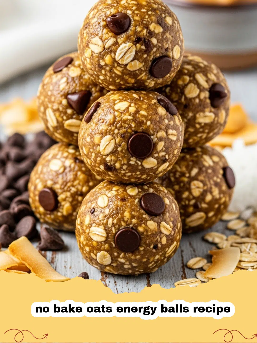 no bake oats energy balls recipe - A tray of delicious no bake oats energy balls sprinkled with chocolate chips.