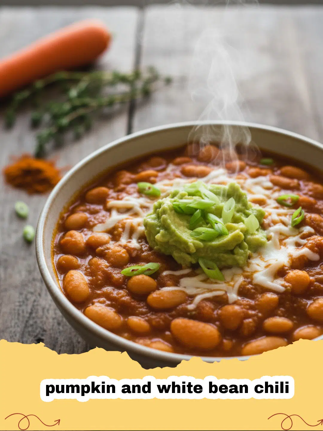 A bowl of pumpkin and white bean chili topped with cilantro and pumpkin seeds