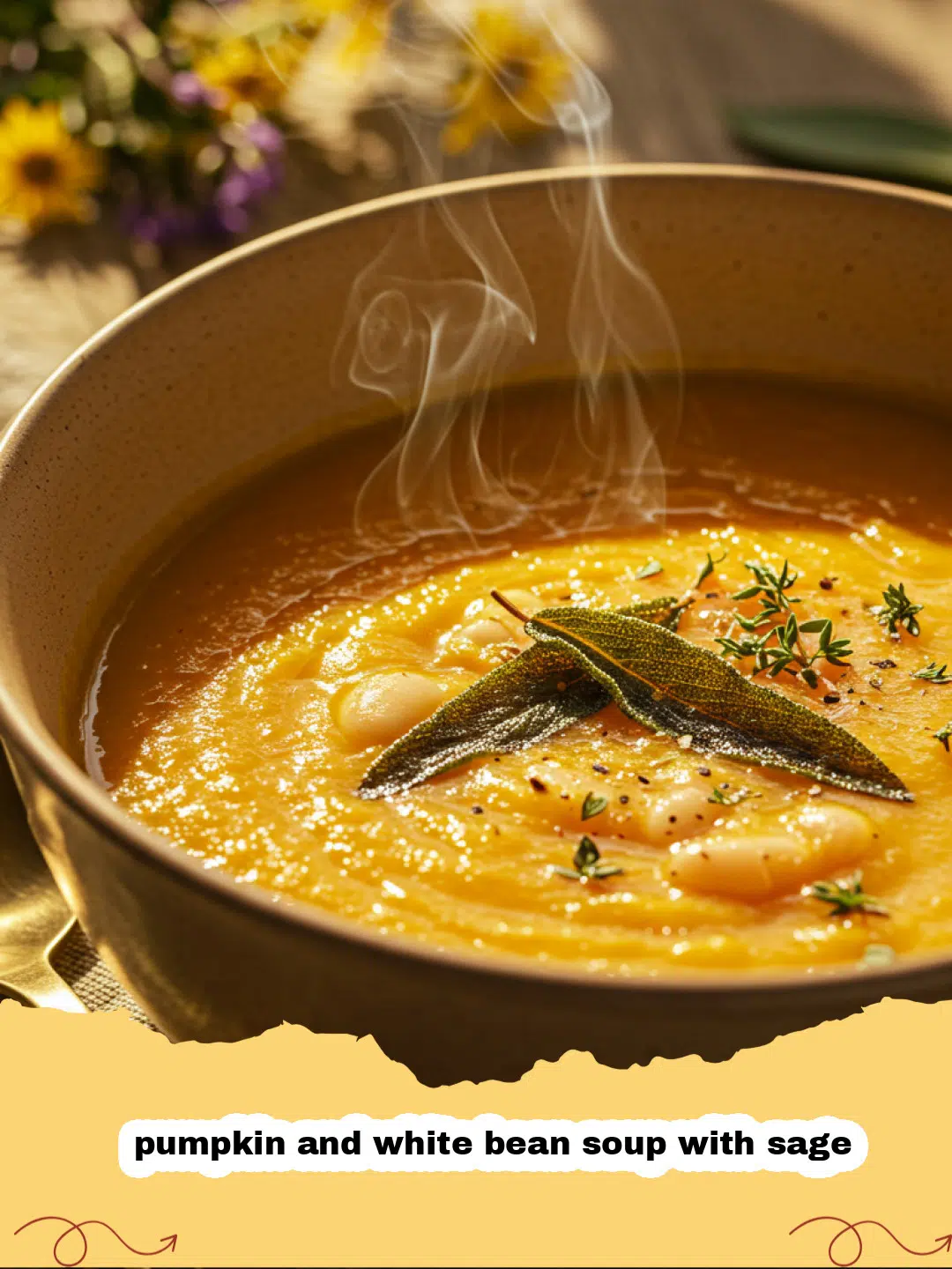 pumpkin and white bean soup with sage - A steaming bowl of pumpkin and white bean soup topped with fried sage leaves and pumpkin seeds.