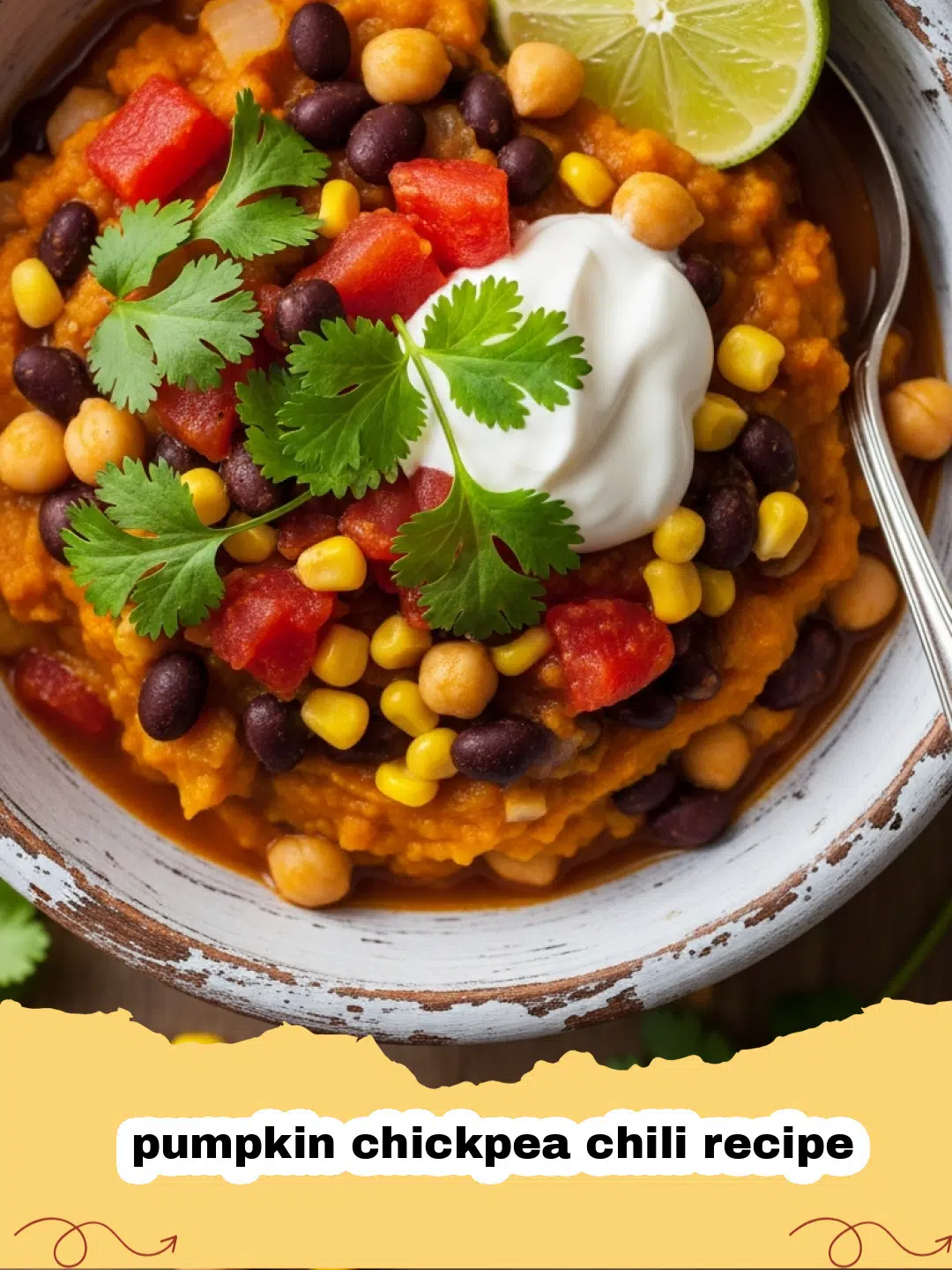 pumpkin chickpea chili recipe - A bowl of pumpkin chickpea chili topped with cilantro and lime