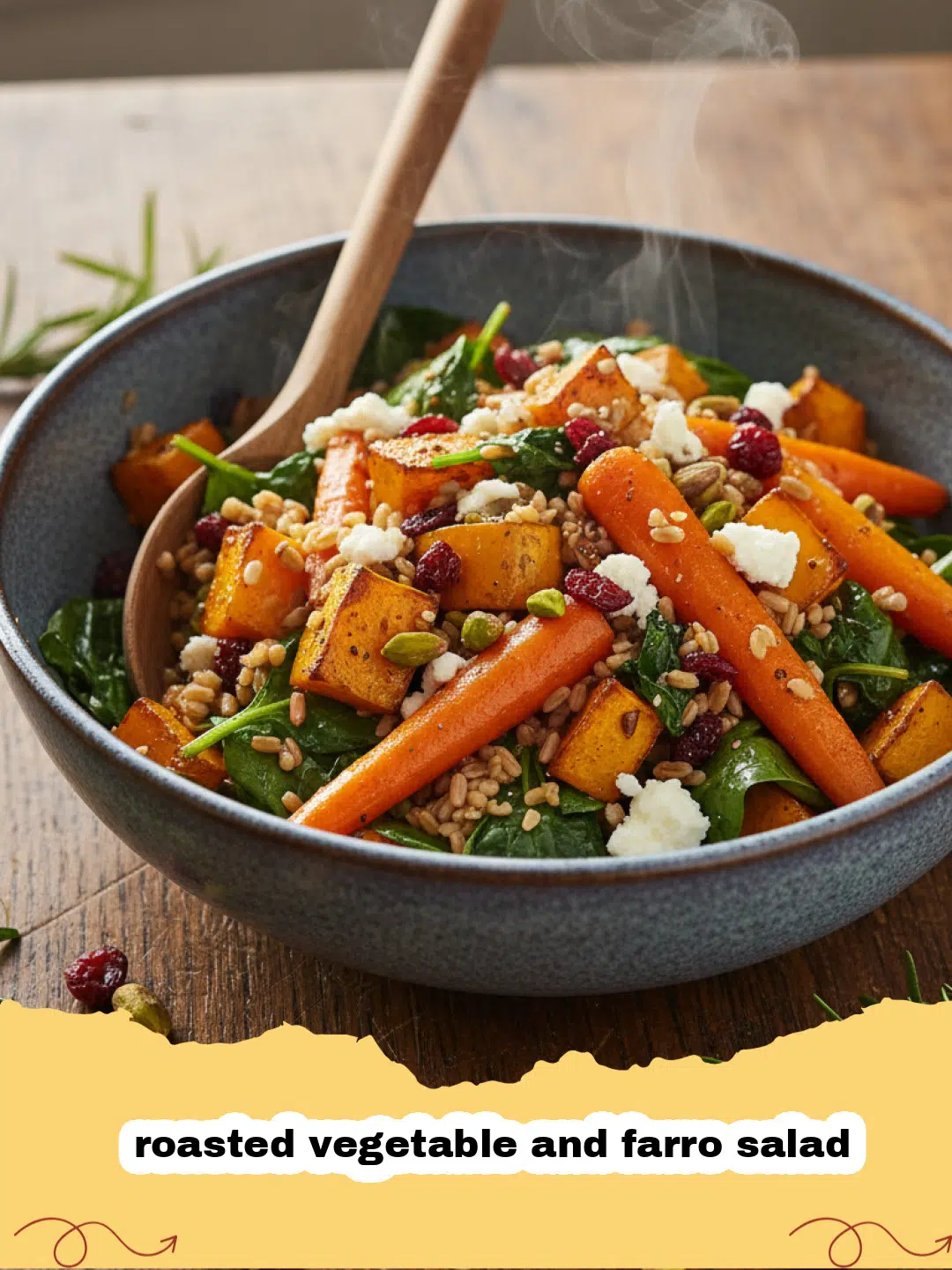 A vibrant roasted vegetable and farro salad in a ceramic bowl with kale and sweet potatoes.