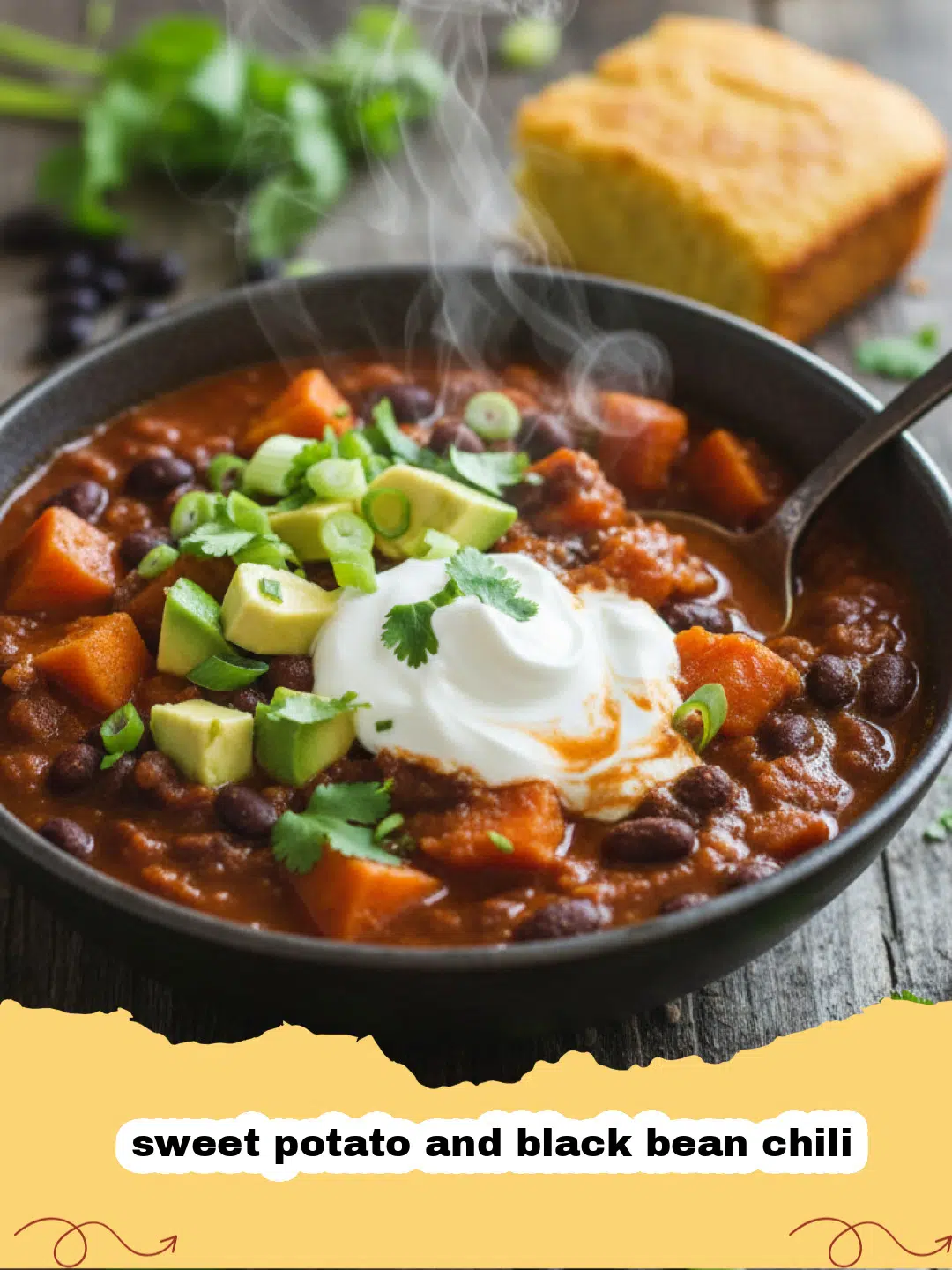 A bowl of thick sweet potato and black bean chili topped with avocado and cilantro.