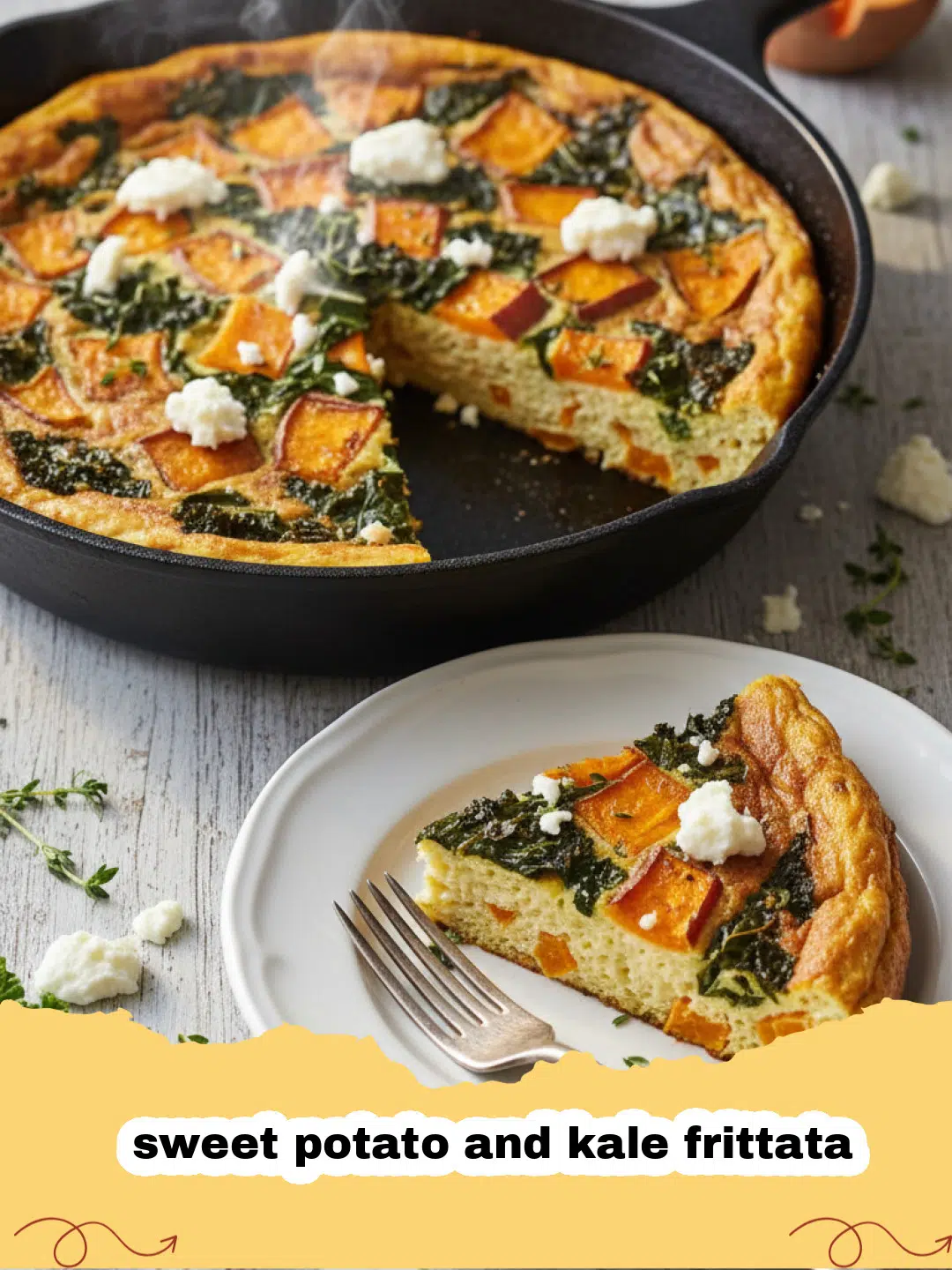 A golden-brown sweet potato and kale frittata in a cast iron skillet