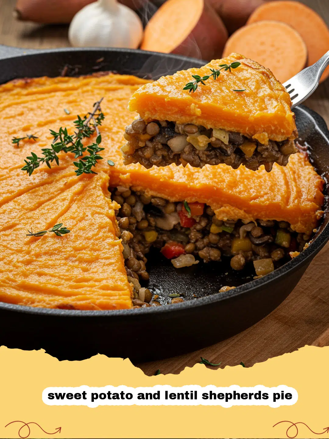 A serving of sweet potato and lentil shepherds pie in a white ceramic dish with steam rising.