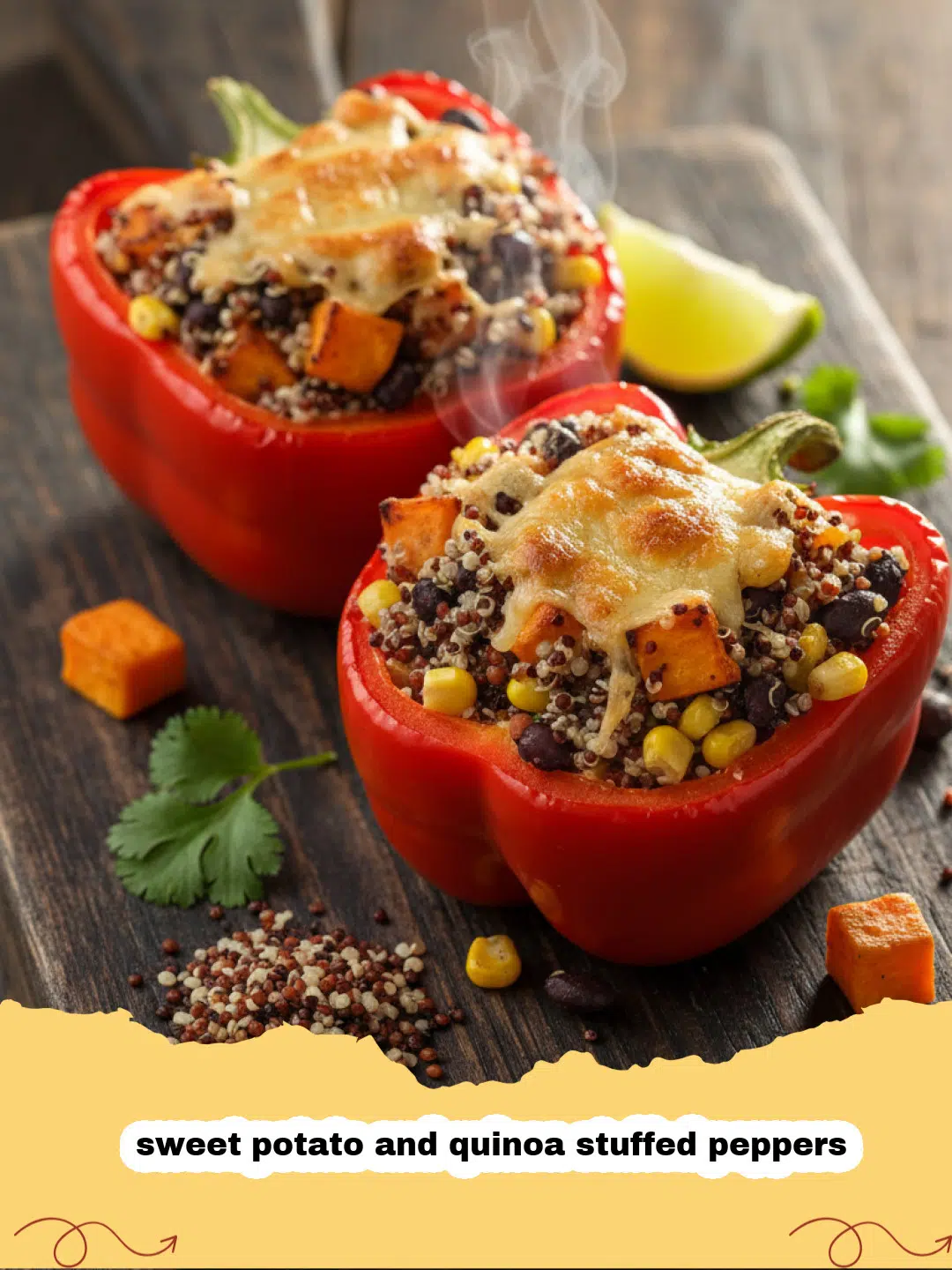 Close up of sweet potato and quinoa stuffed peppers garnished with cilantro