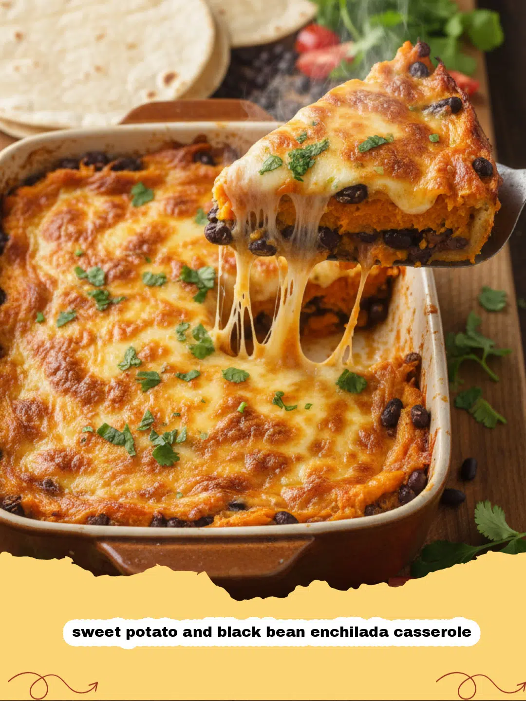 A close-up shot of a bubbling sweet potato and black bean enchilada casserole in a glass baking dish.