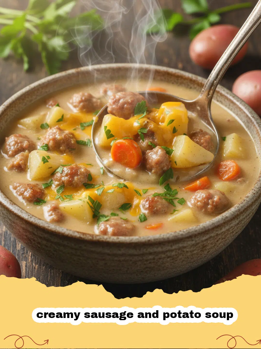 A steaming bowl of creamy sausage and potato soup garnished with fresh parsley.