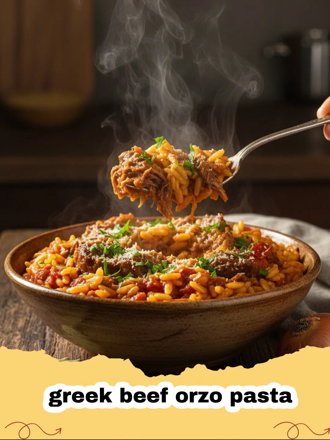 greek beef orzo pasta - A close-up shot of a steaming bowl of Greek Beef Orzo Pasta, garnished with fresh parsley and grated cheese.
