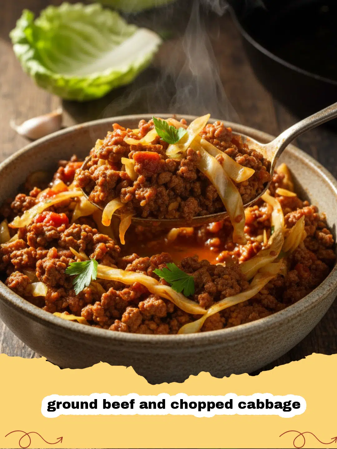 A close-up of a hearty ground beef and chopped cabbage skillet, garnished with fresh parsley.