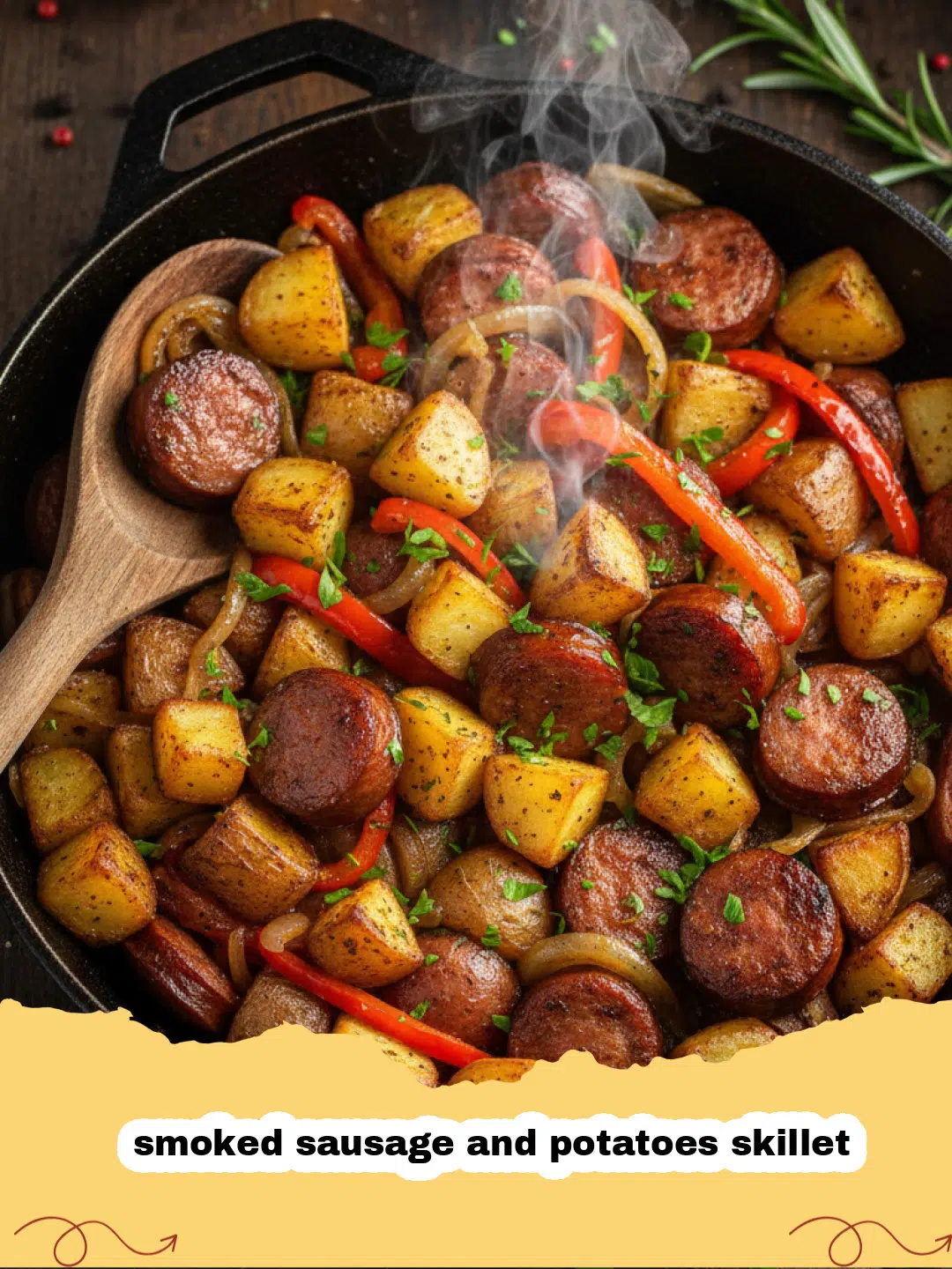 Close-up of a hearty smoked sausage and potatoes skillet with bell peppers and onions, garnished with fresh parsley, in a cast iron pan.