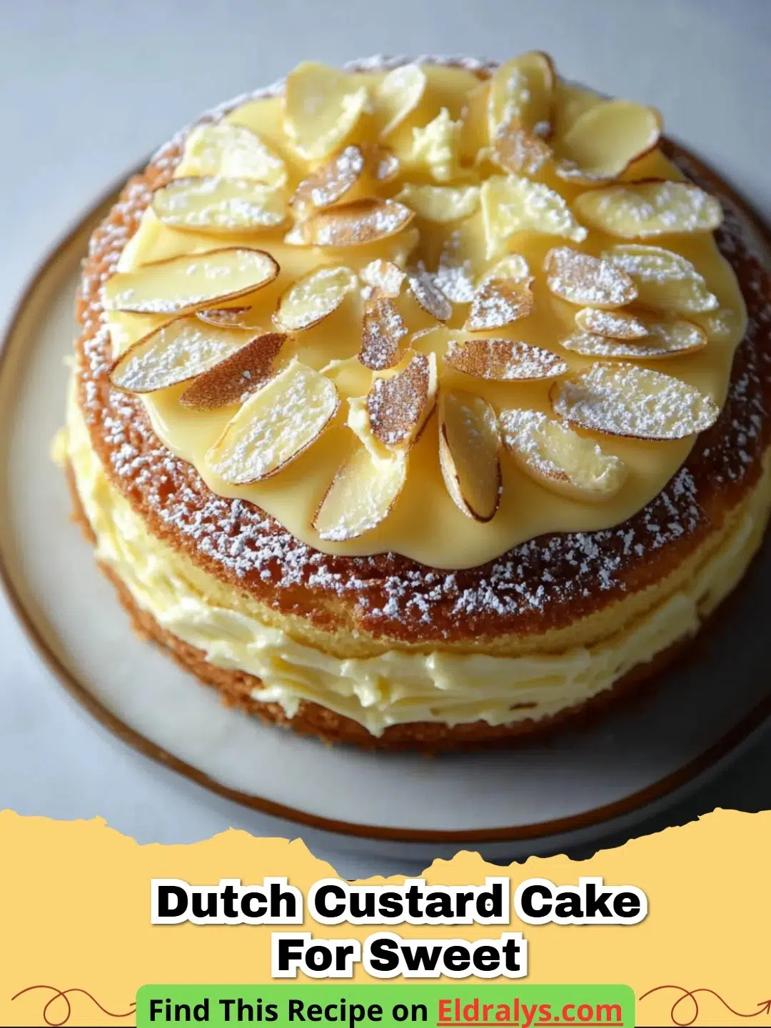 A close up slice of golden Dutch Custard Cake with visible creamy layers
