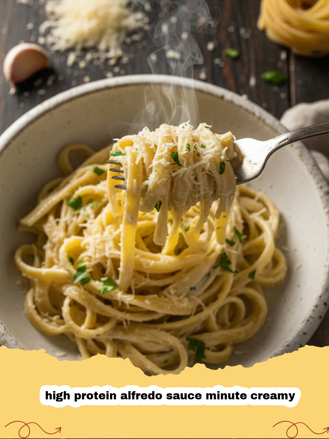 high protein alfredo sauce minute creamy - Creamy High Protein Alfredo Sauce in a white bowl with pasta and fresh parsley garnish