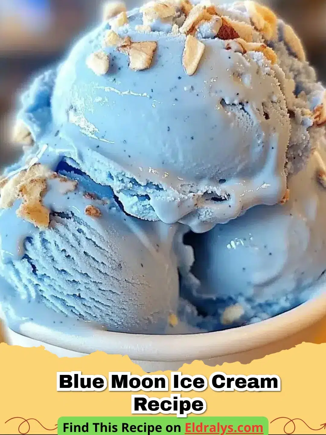 A close-up scoop of vibrant blue Homemade Blue Moon Ice Cream Recipe in a waffle cone.