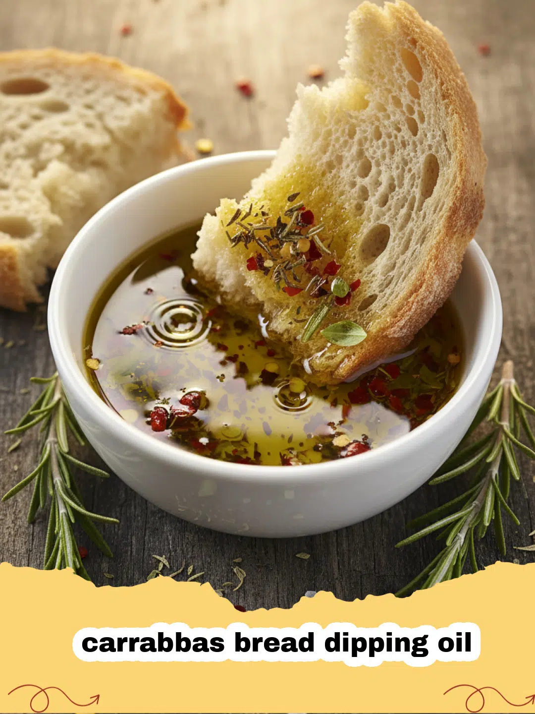 carrabbas bread dipping oil - Close-up of a bowl of Carrabba's style bread dipping oil with crusty Italian bread on a rustic wooden board.