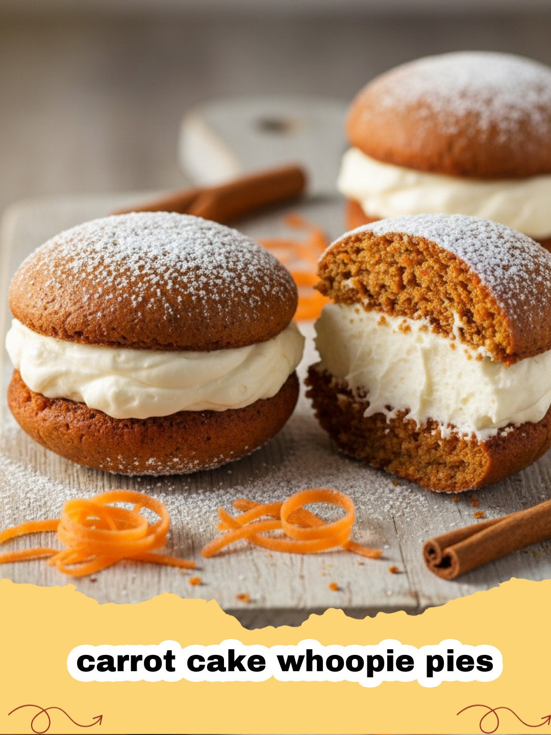 Close-up of freshly baked carrot cake whoopie pies stacked on a cooling rack, with cream cheese frosting visible.