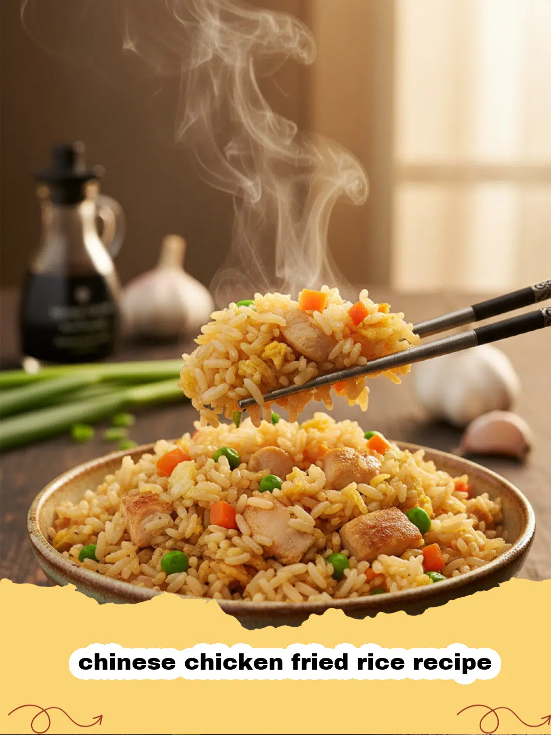 chinese chicken fried rice recipe - A steaming plate of homemade Chinese Chicken Fried Rice with tender chicken, vegetables, and scrambled egg, garnished with green onions.