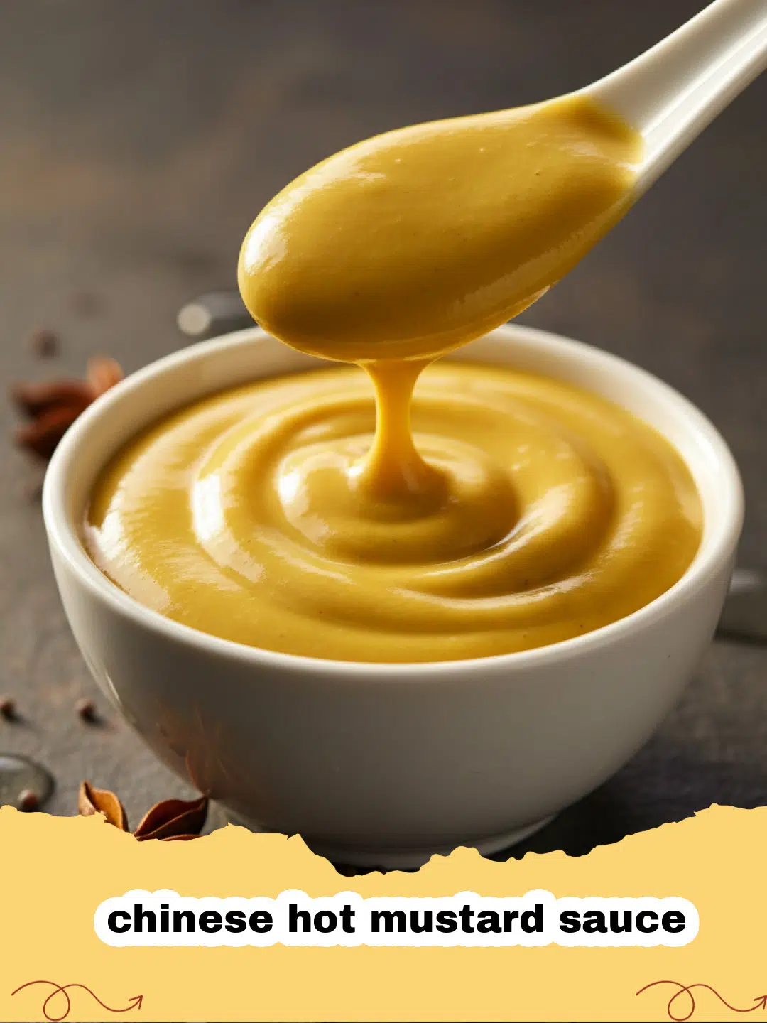 A small bowl of bright yellow chinese hot mustard sauce next to a plate of spring rolls.