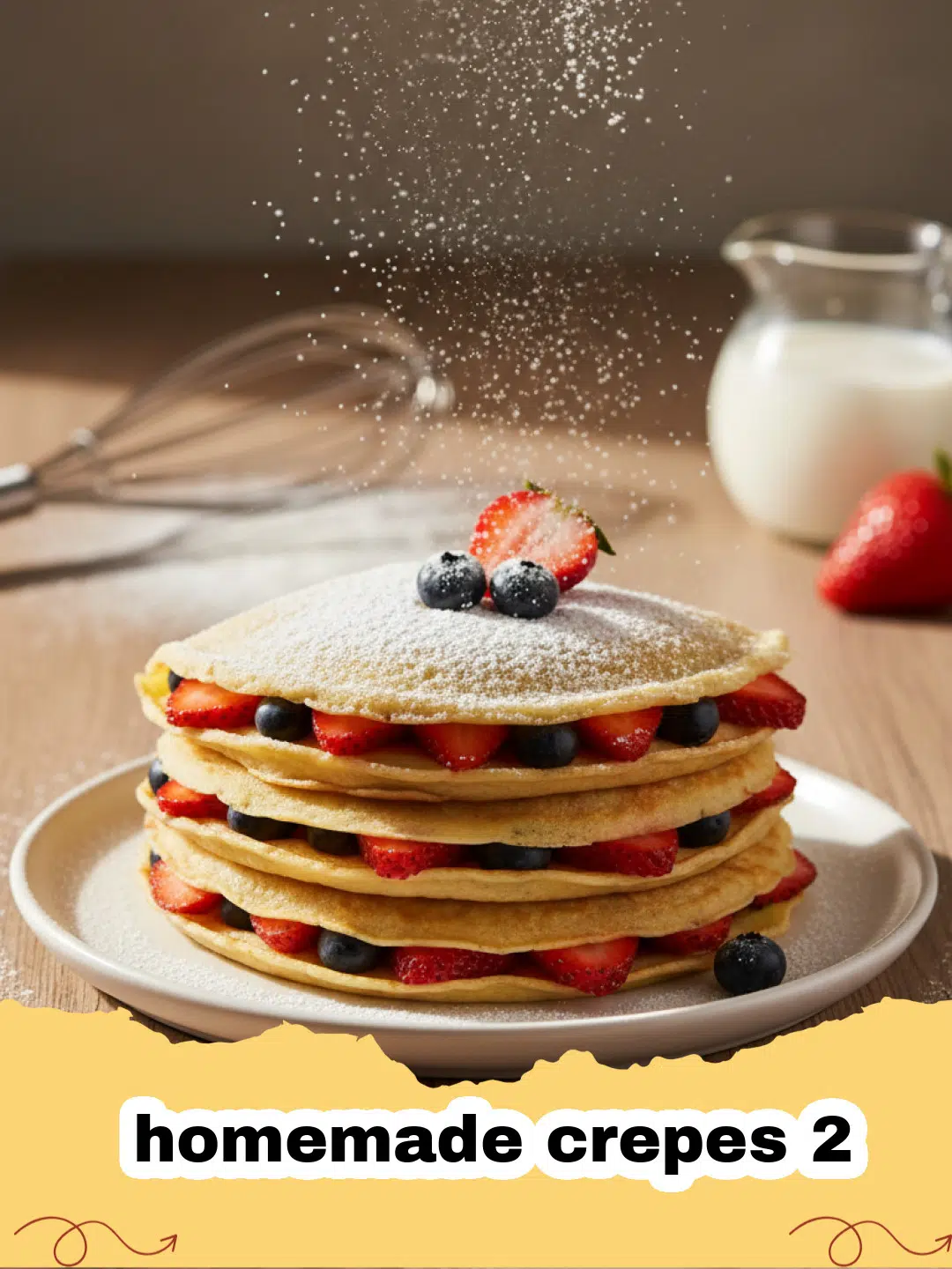 Stack of golden-brown homemade crepes 2 with fresh berries and powdered sugar