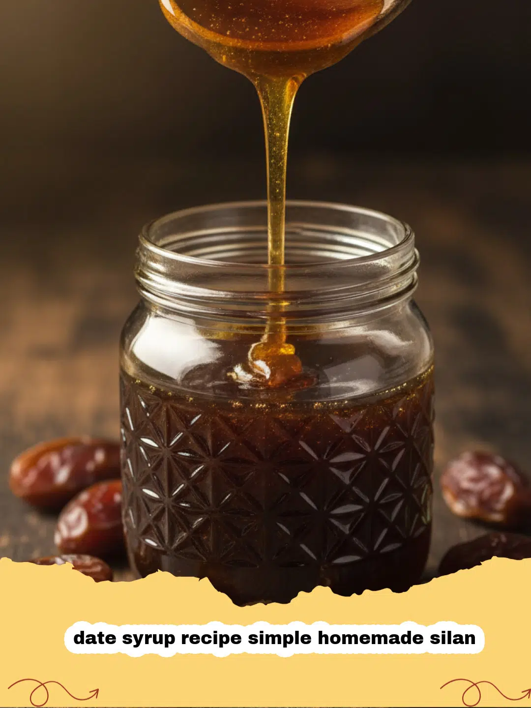 date syrup recipe simple homemade silan - A jar of golden homemade date syrup (silan) next to a pile of dried dates and a spoon.