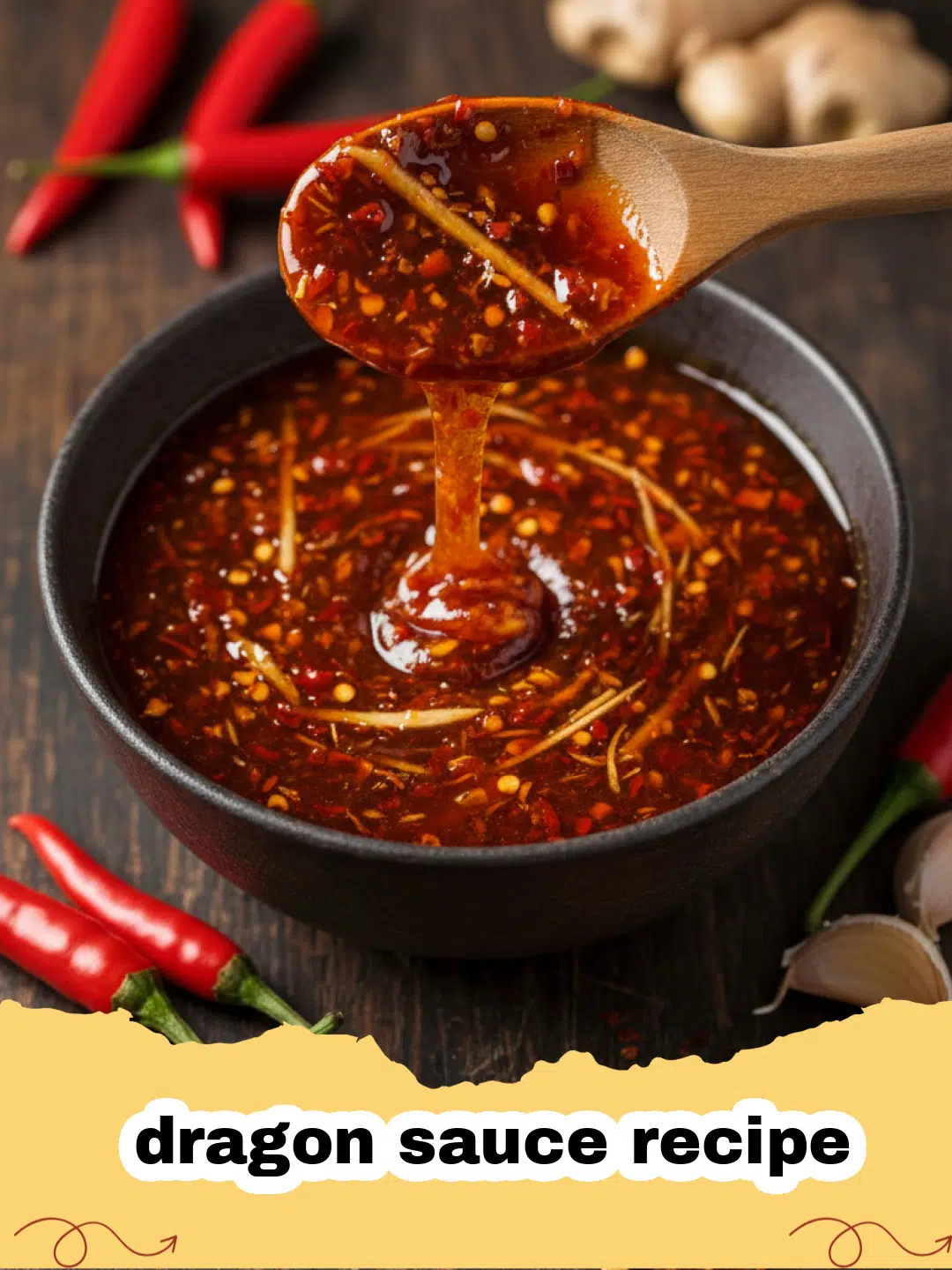 dragon sauce recipe - A vibrant, reddish-orange dragon sauce in a small ceramic bowl with a spoon, garnished with green onions and sesame seeds, on a wooden background.