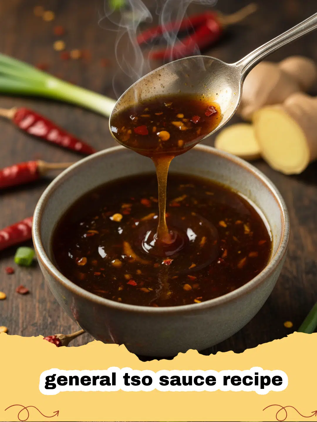 general tso sauce recipe - A bowl of rich, glossy homemade General Tso sauce garnished with sesame seeds and green onions, with a spoon dipping in.
