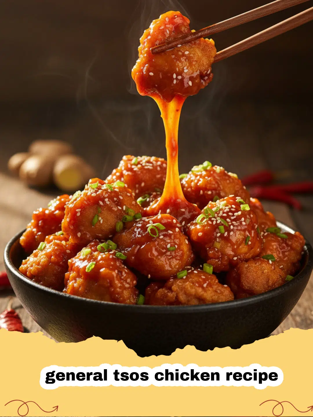 general tsos chicken recipe - Close-up of crispy general tsos chicken in a wok, garnished with green onions and sesame seeds, with a side of white rice.