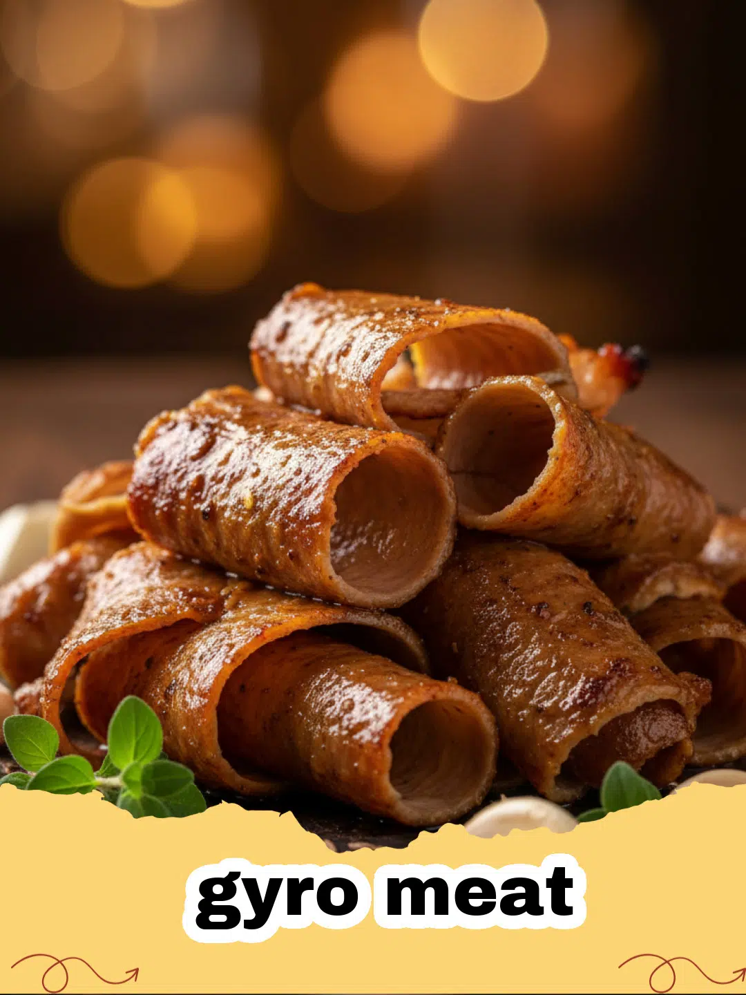 Close-up of freshly sliced and pan-fried homemade gyro meat with a pita bread and tzatziki in the background.