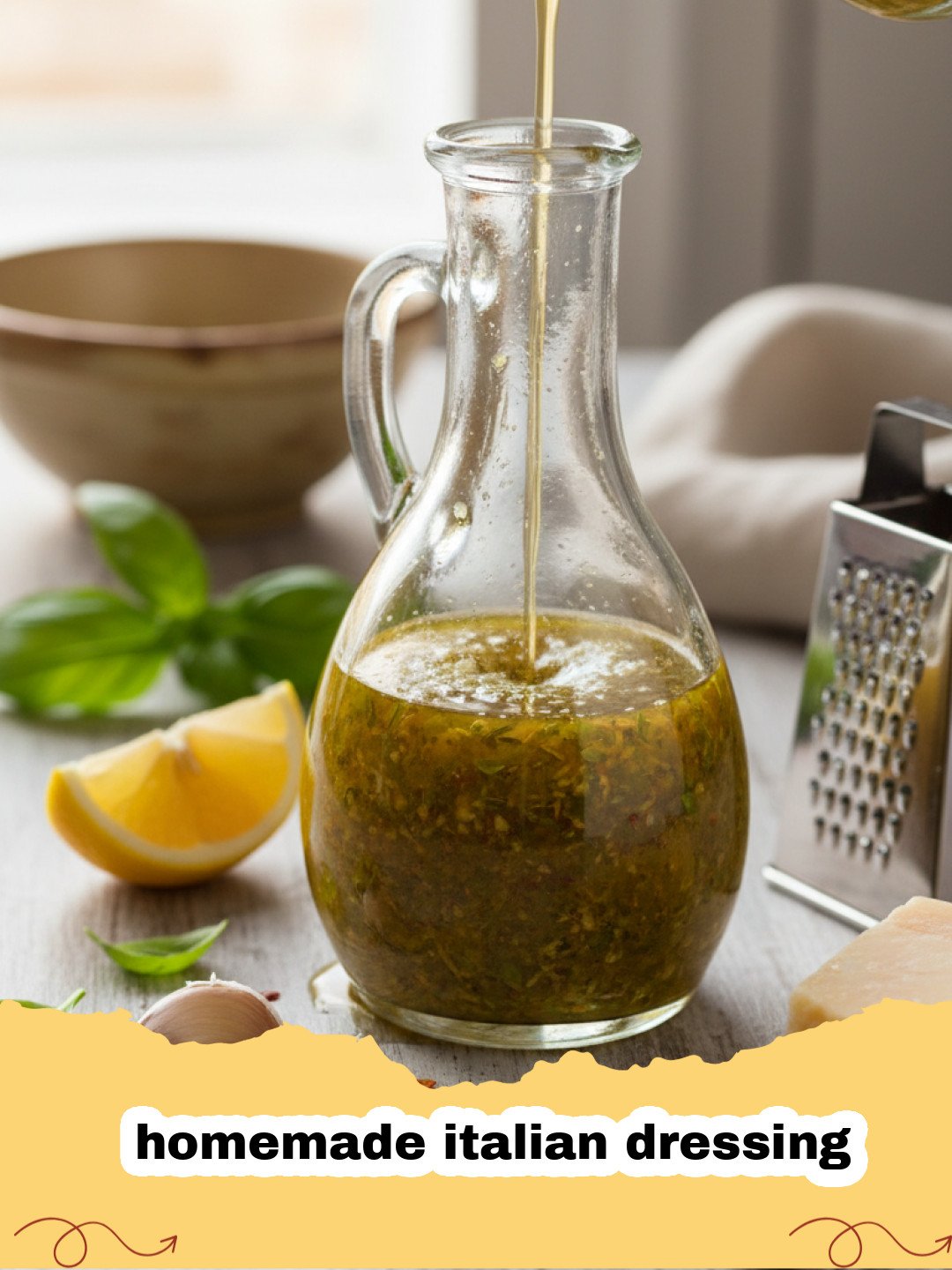 homemade italian dressing - A glass jar filled with vibrant homemade Italian dressing, surrounded by fresh herbs, garlic, and a bowl of mixed greens.