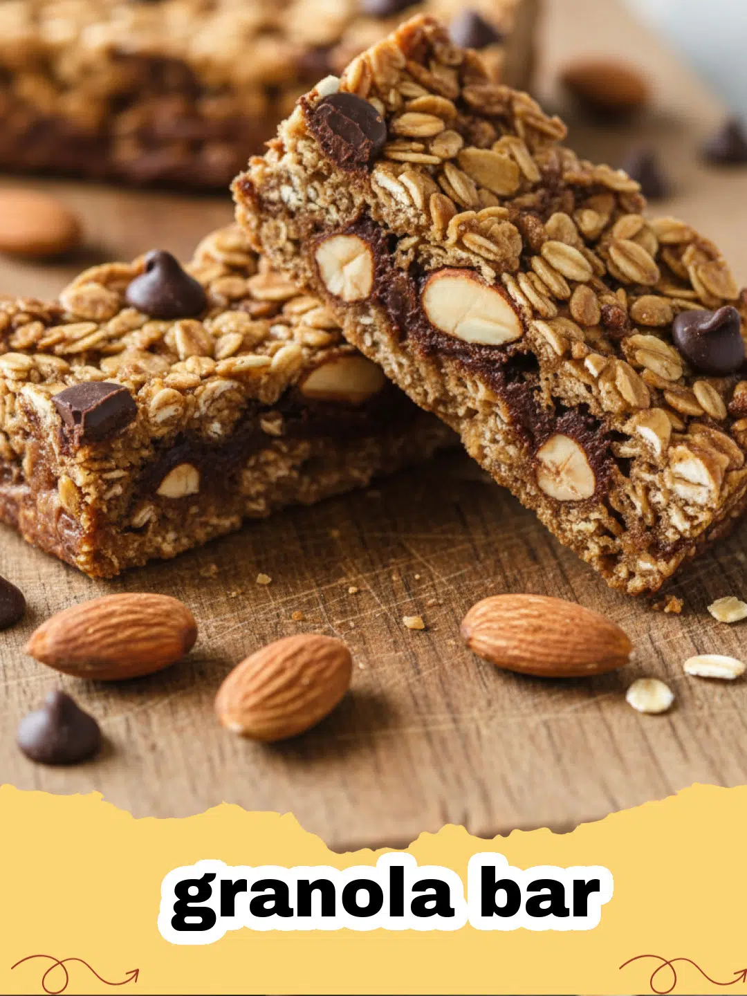 Close-up of perfectly cut homemade no-bake granola bars stacked on a wooden board with scattered oats and dried fruit.