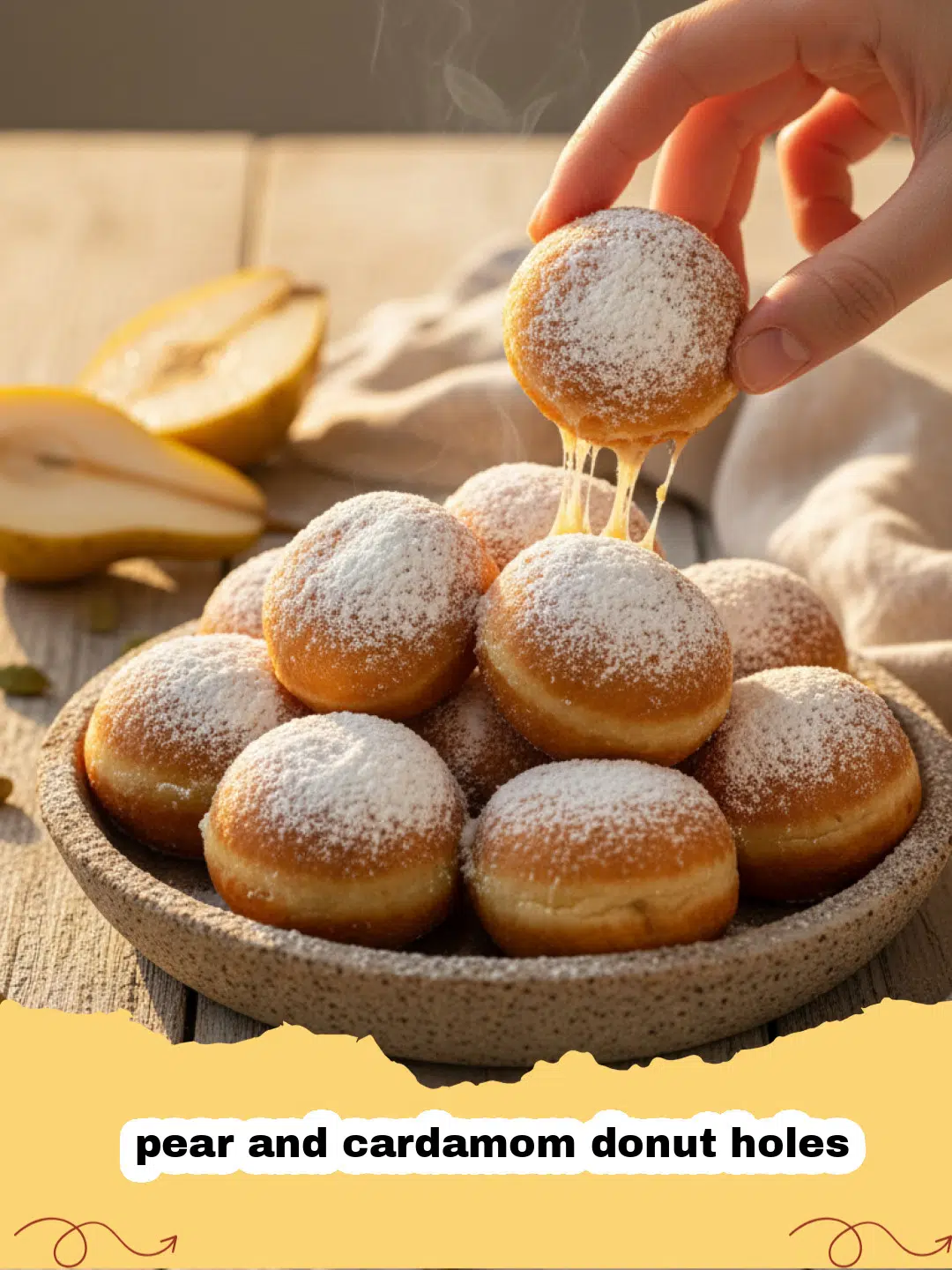 A platter of golden brown pear and cardamom donut holes coated in sparkling sugar.