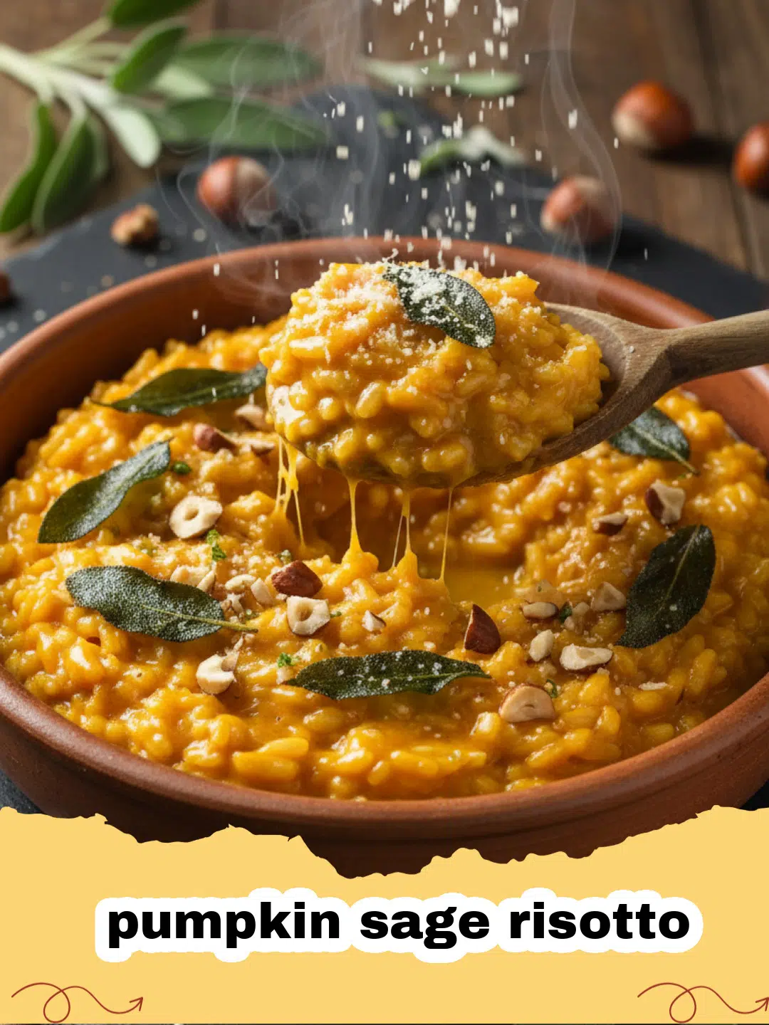 A bowl of creamy orange pumpkin sage risotto garnished with fried sage leaves and parmesan.