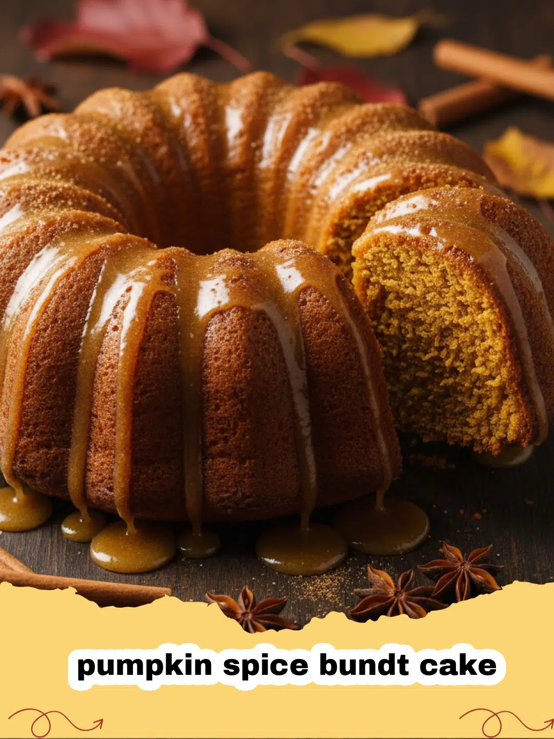 A golden brown pumpkin spice bundt cake on a cooling rack with a dusting of powdered sugar.